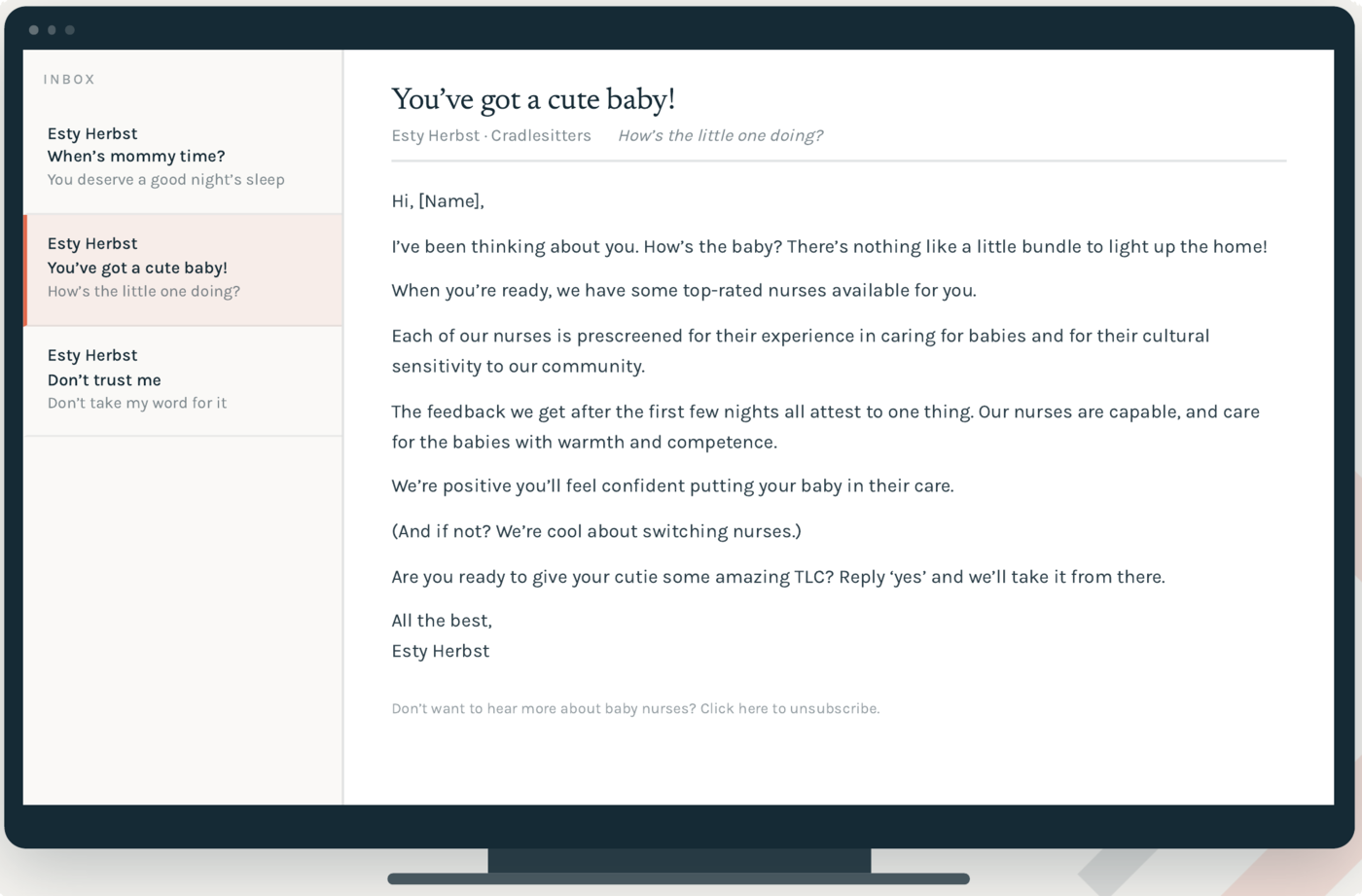 Welcome email sequence written for Cradlesitters