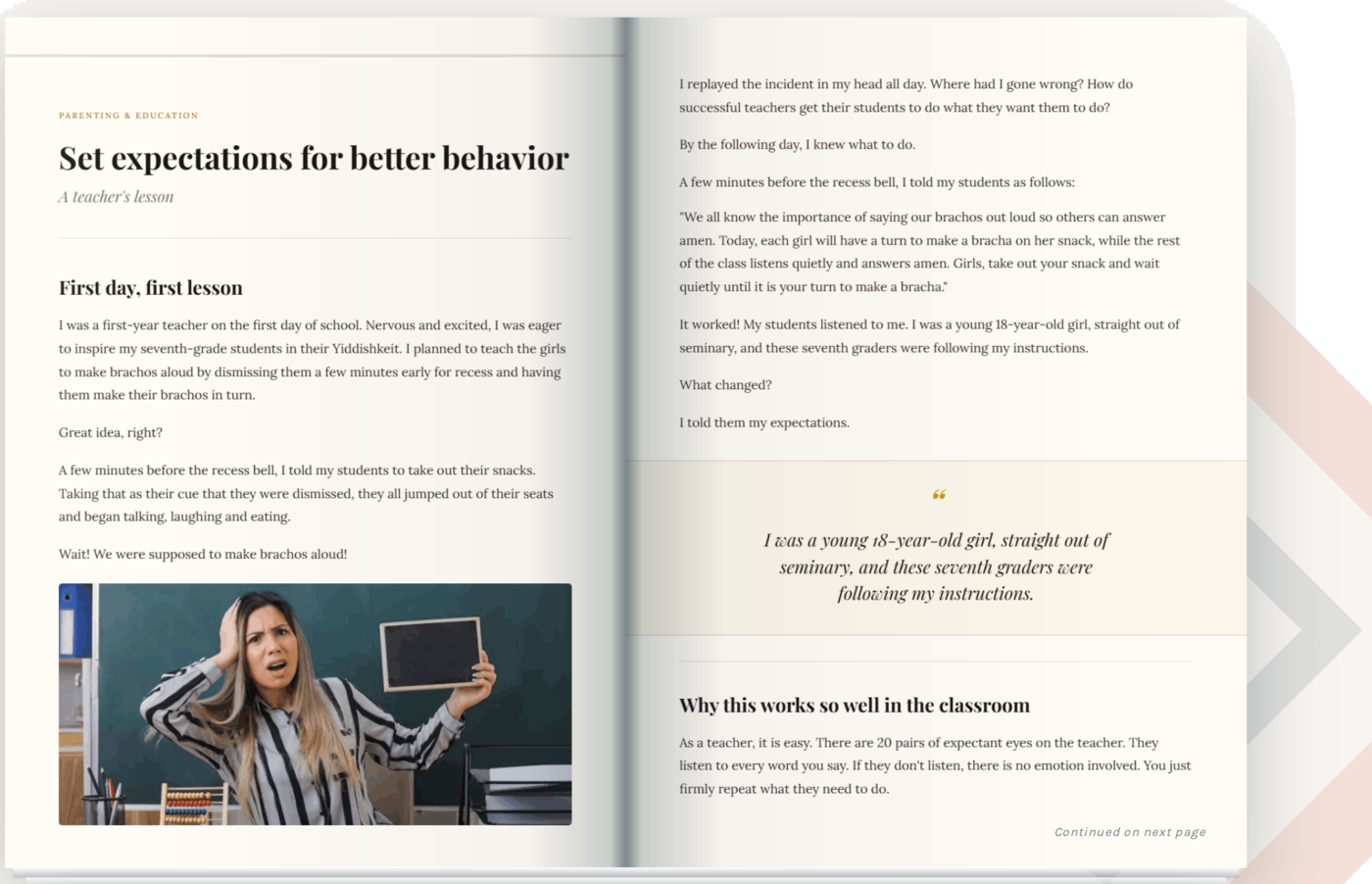 Feature article spread titled Set expectations for better behavior